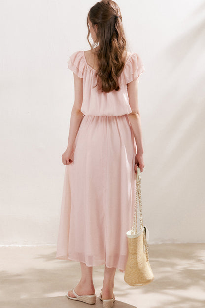 3D Floral Chiffon Flutter Sleeve Dress