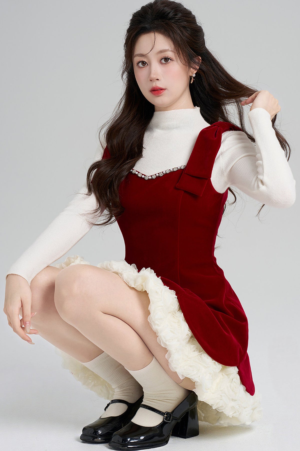 Red Velvet Dress and White Top Set-Up