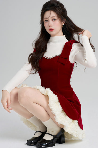 Red Velvet Dress and White Top Set-Up