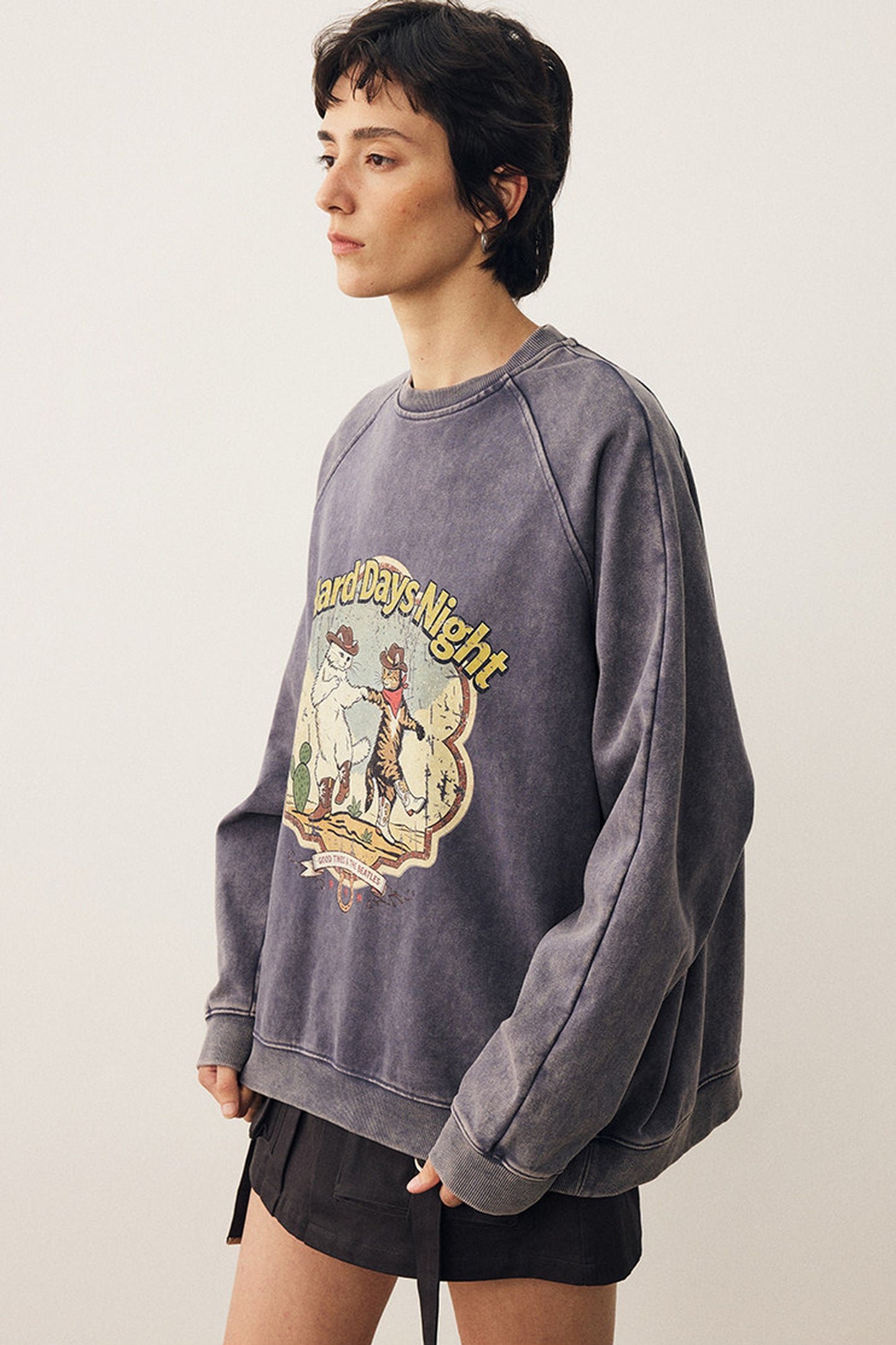 Washed Cat Print Sweatshirt and Pants Set