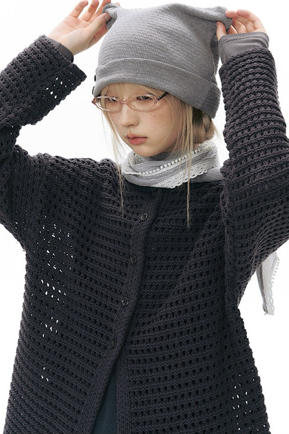Solid Color Hollow Knit Cardigan