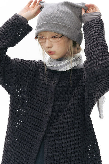 Solid Color Hollow Knit Cardigan
