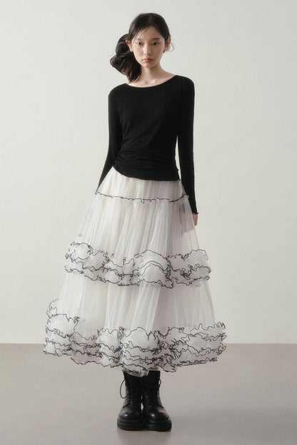 White Puffy Black Ruffle Stitching Skirt