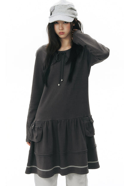 Long-Sleeved Knit Round Neck Tie Dress