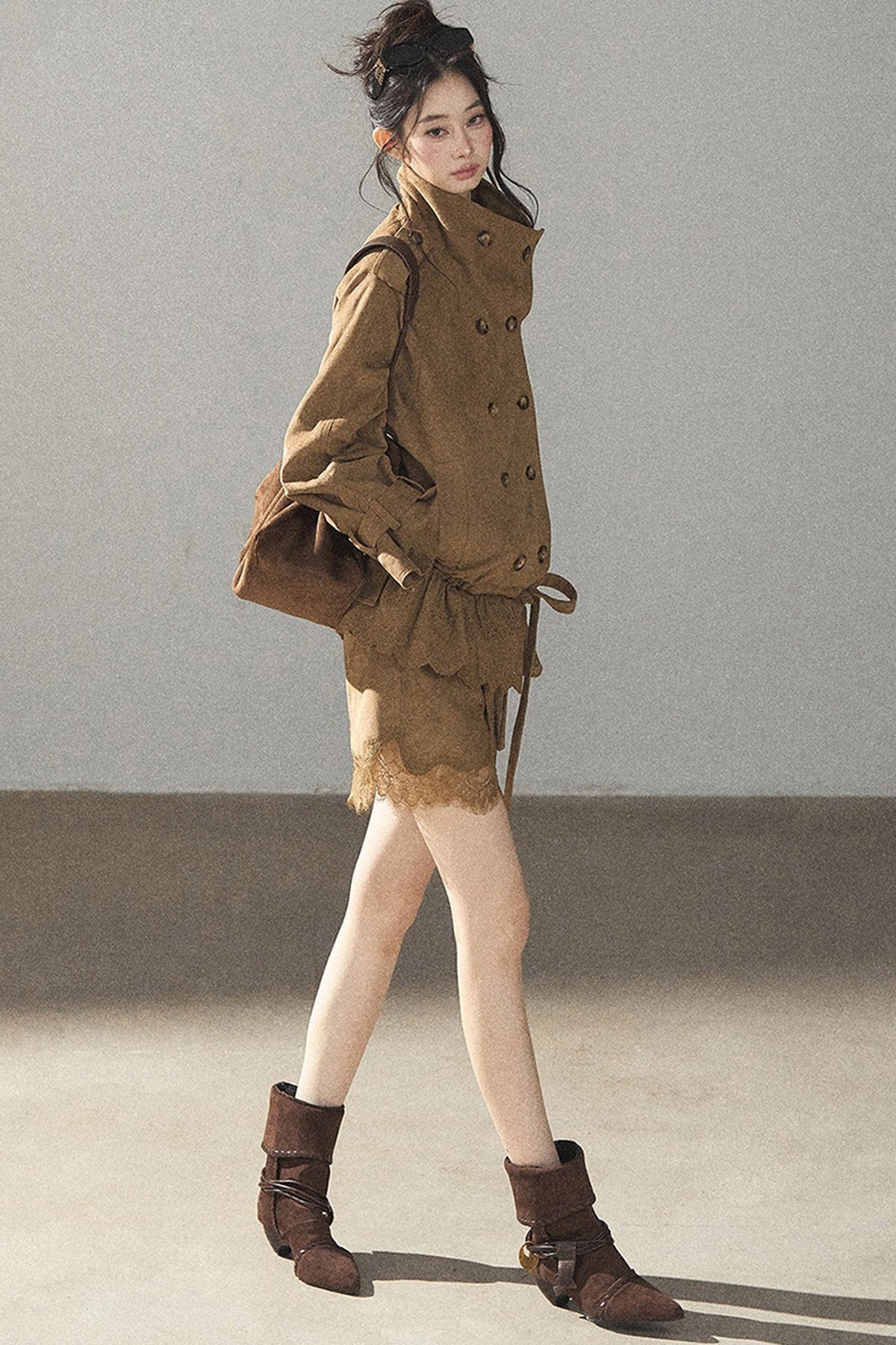 Double-Breasted Faux Suede Trench Coat and Skirt