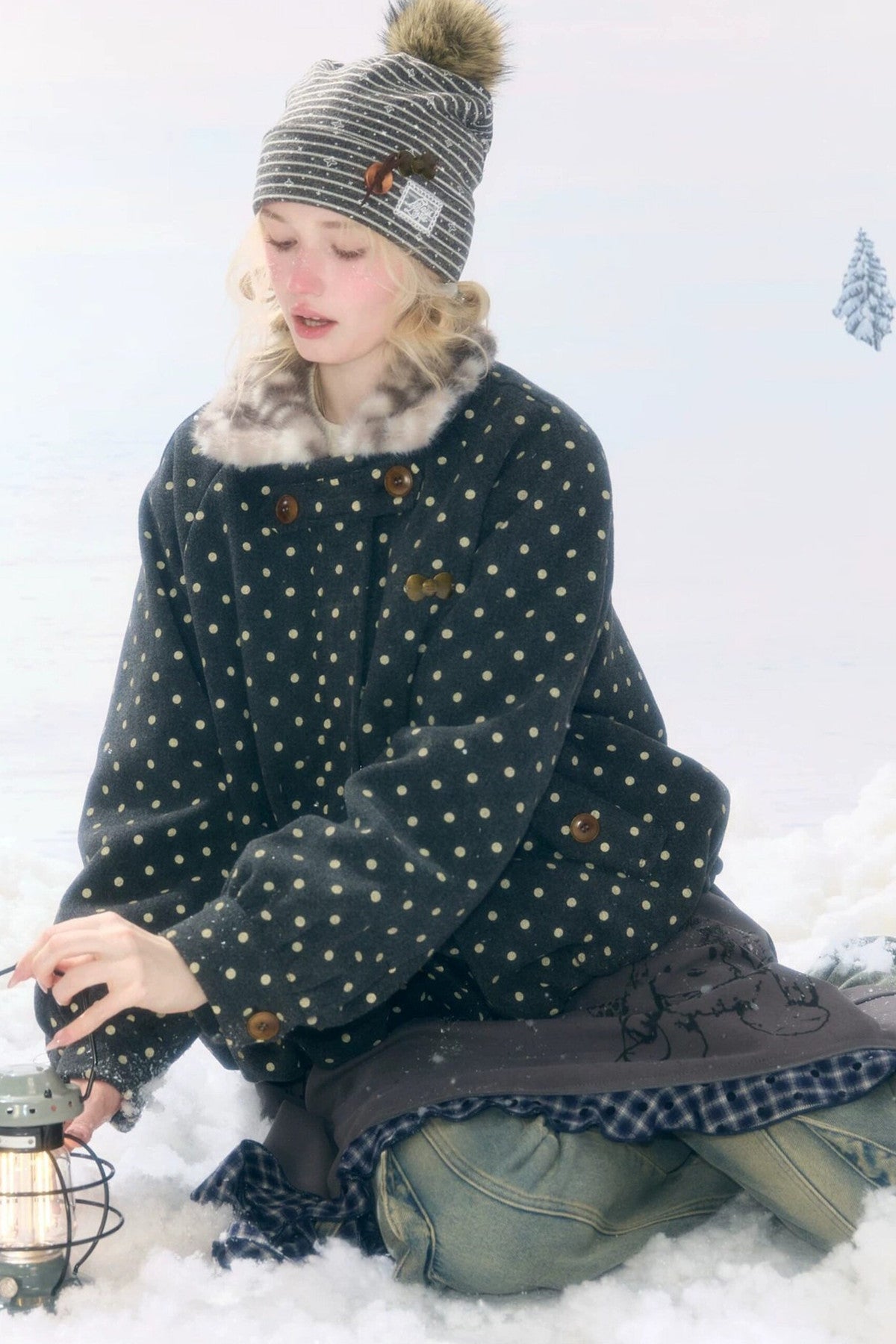 Short Polka Dot Plush Collar Cotton Jacket