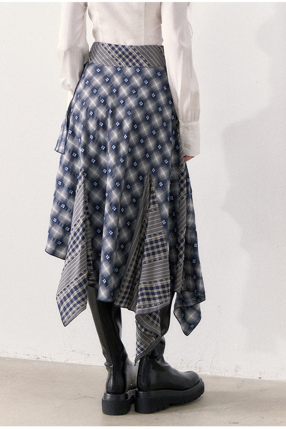 White Shirt and Denim Waistband Asymmetrical Plaid Skirt Set-Up