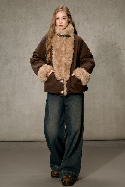 Wheat Spike Floral Plush Stand Collar Jacket