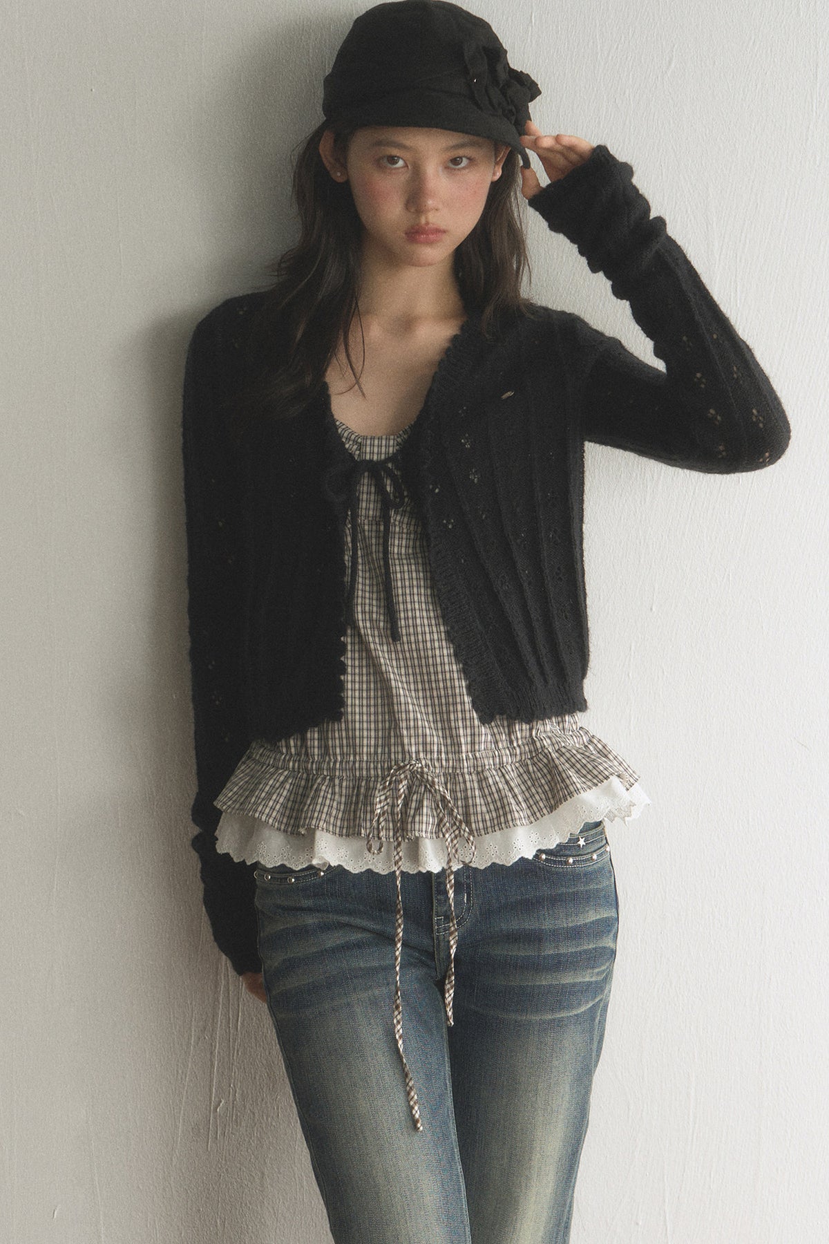 Hollow Knit Cardigan and Jeans Set-Up