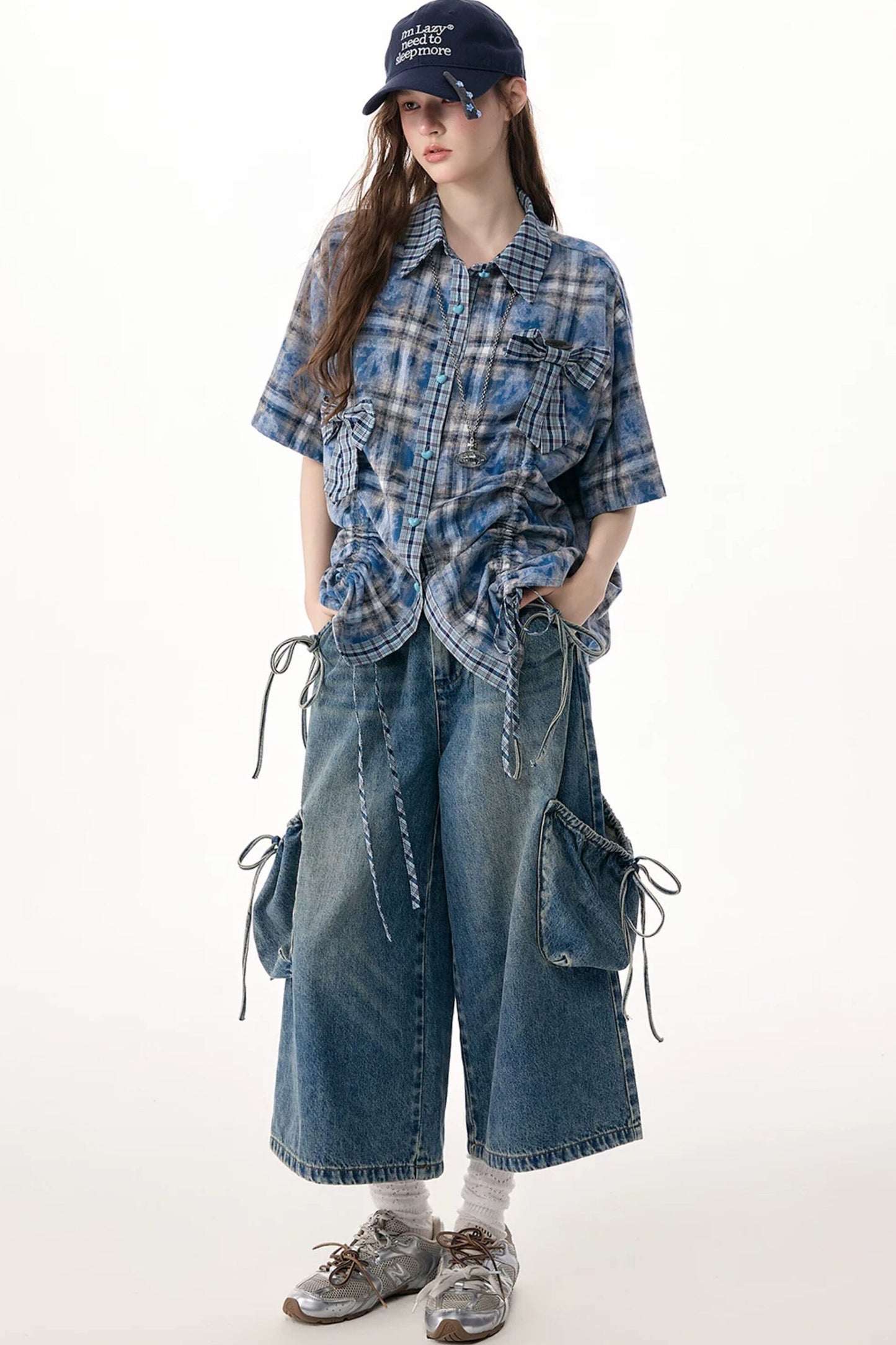 Blau kariertes Kurzarmhemd mit Schleifendetail
