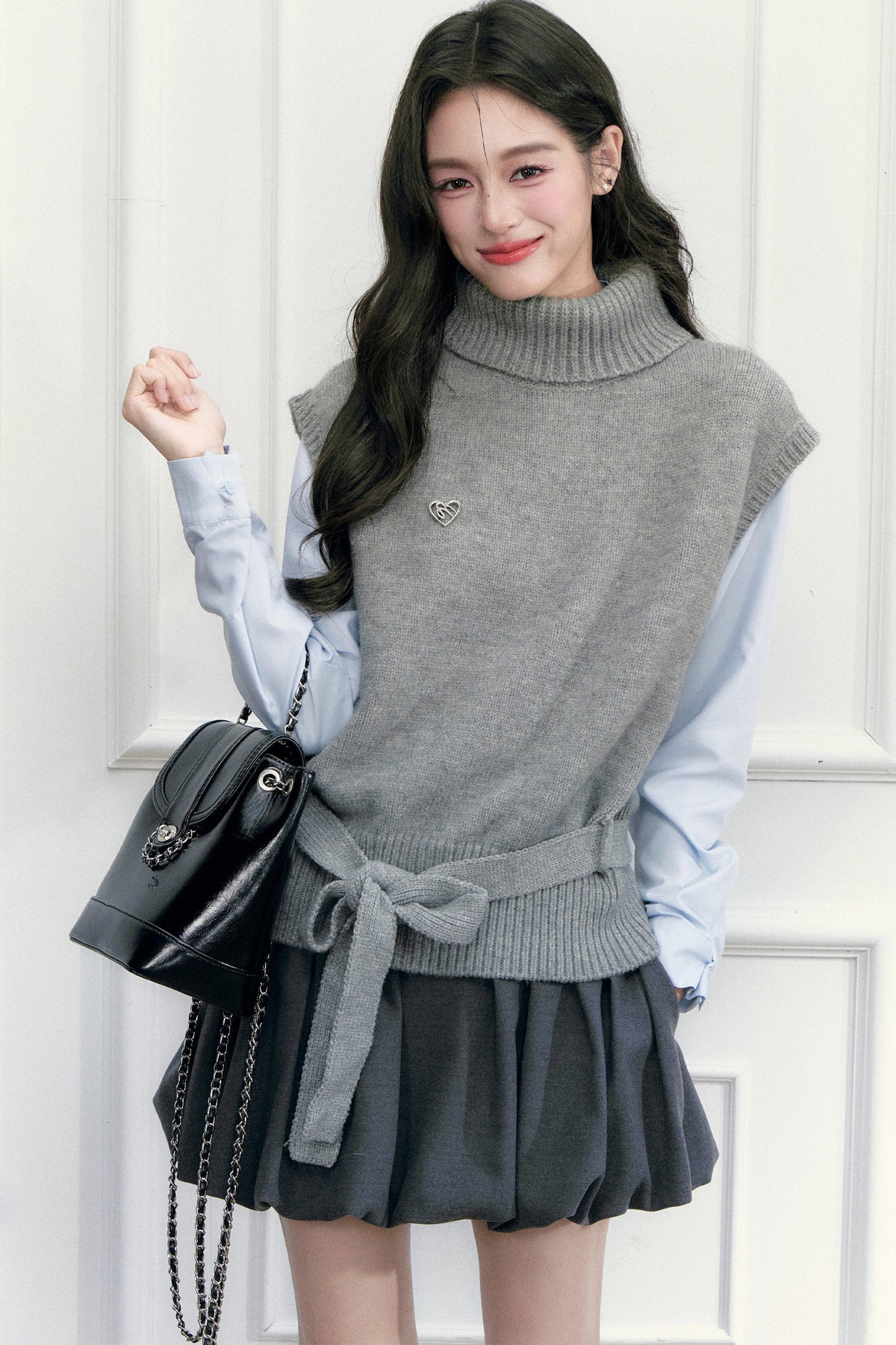 High-Neck Sleeveless Tie-Up Knit Vest
