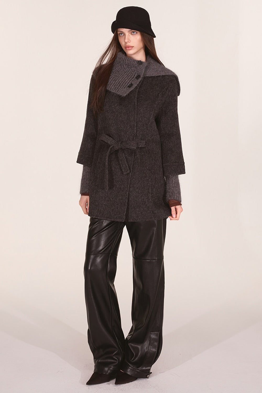 Asymmetrical Knit Collar Tie-Up Wool Coat