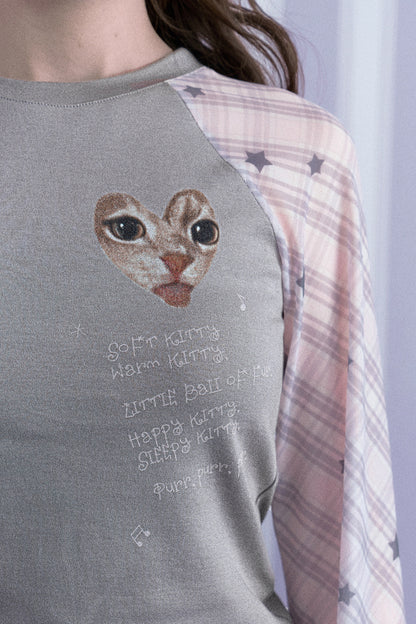 Gray Pink Cat Print Raglan T-shirt