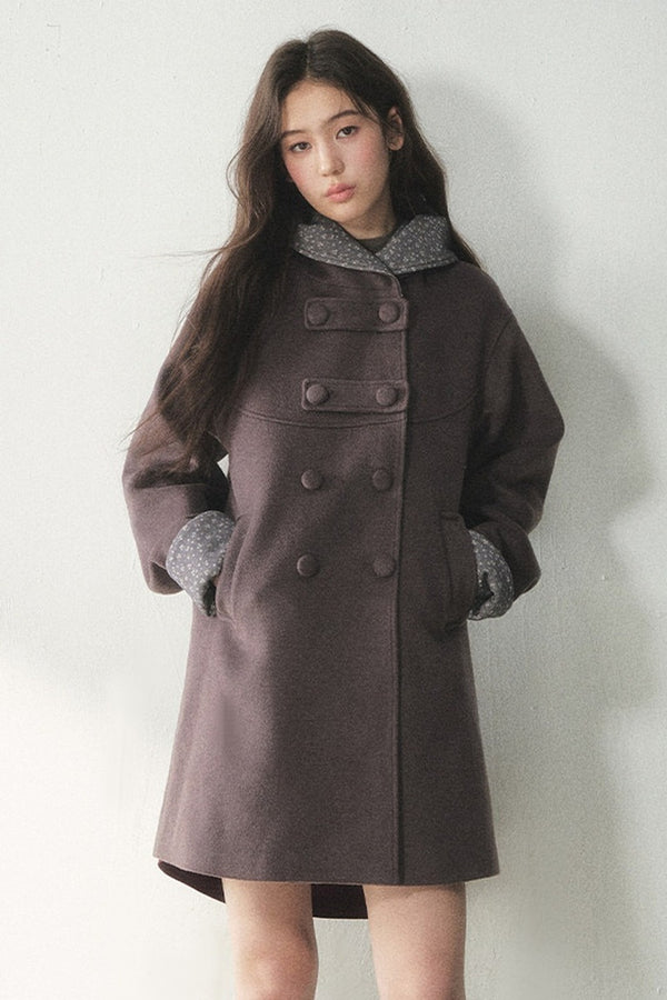 Double-Breasted Woolen Hooded Coat