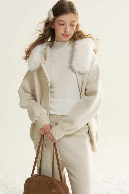Detachable Fur Collar Hooded Jacket and Wide-Leg Pants Set-Up