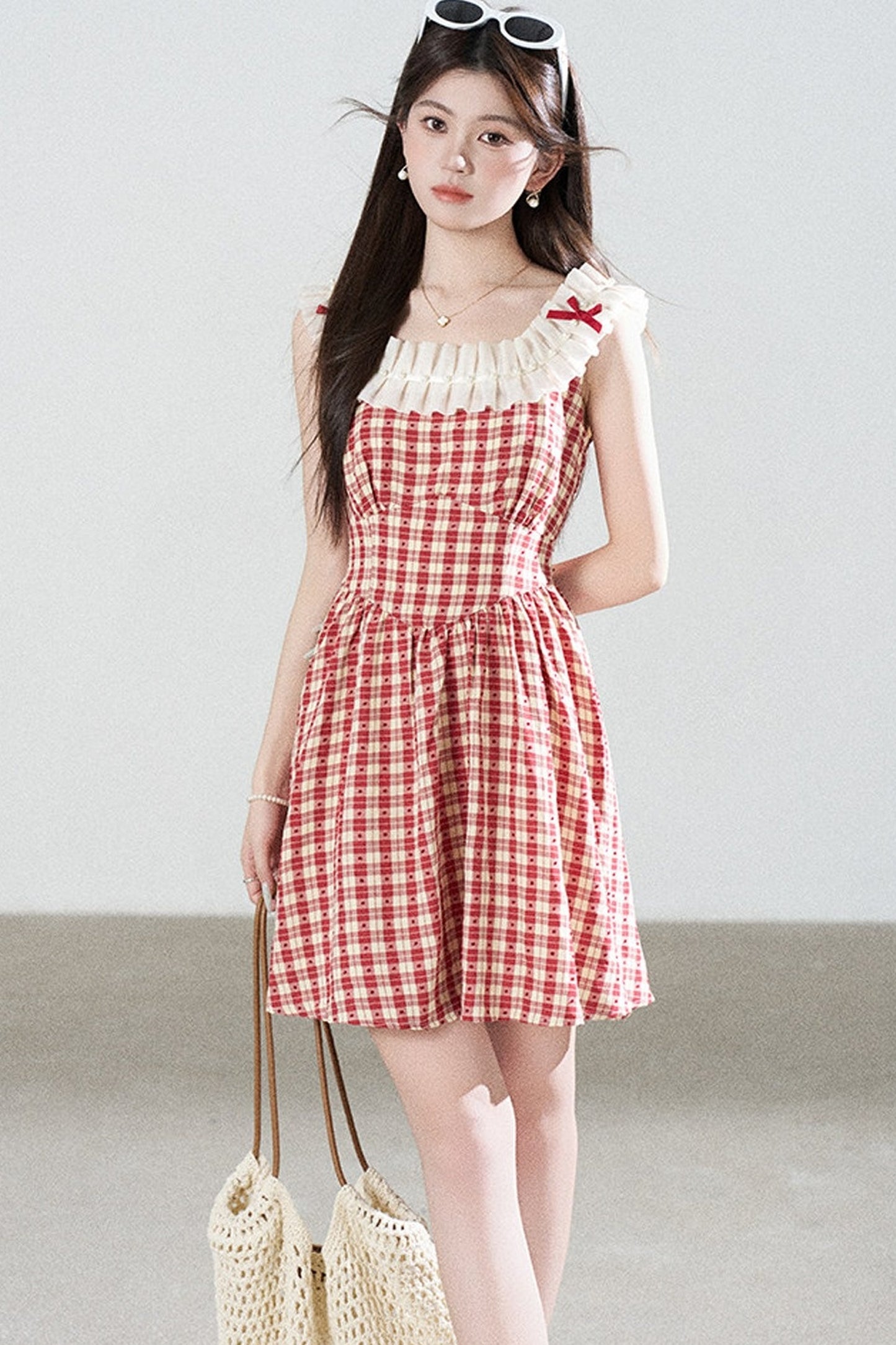 Red Plaid Sleeveless Ruffle Dress