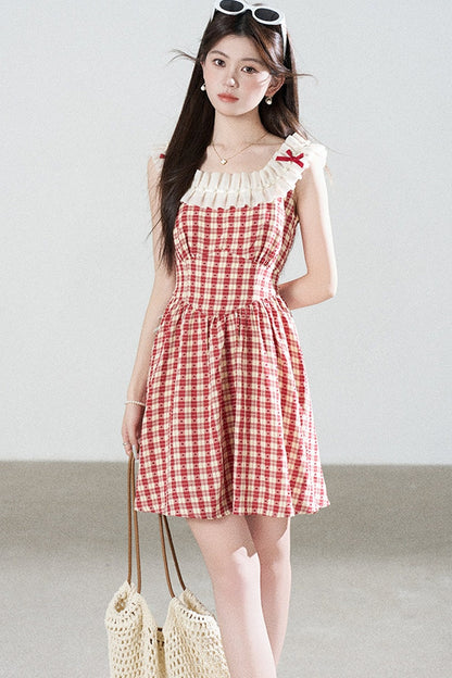 Red Plaid Sleeveless Ruffle Dress