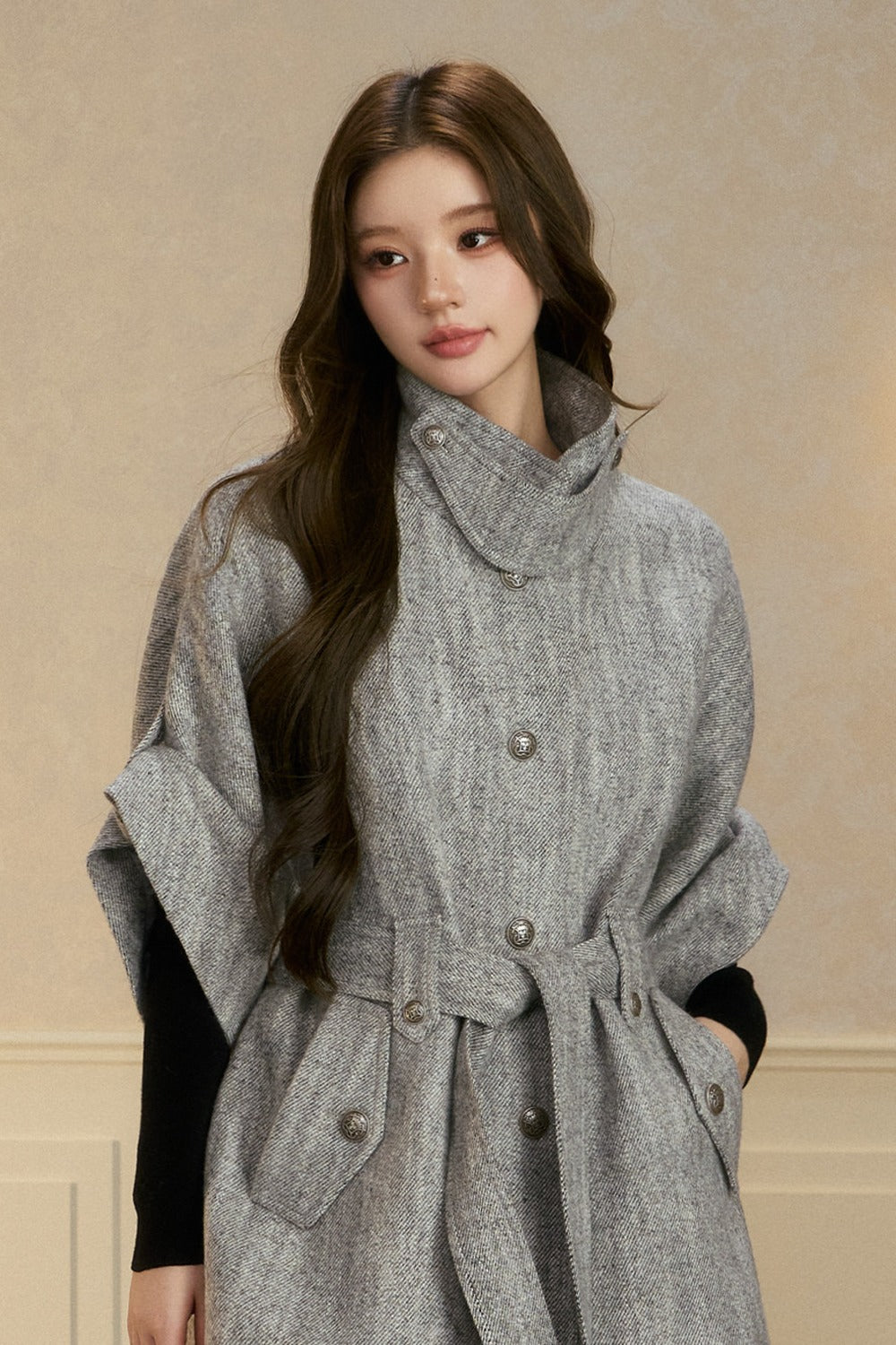 Stand Collar Batwing Wool Cape Jacket