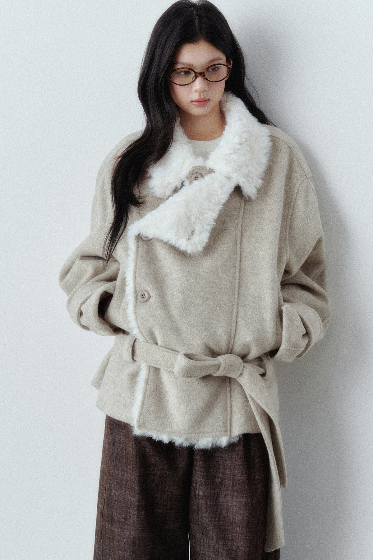 Plush Lapel Woolen Tie-Up Jacket