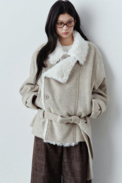 Plush Lapel Woolen Tie-Up Jacket