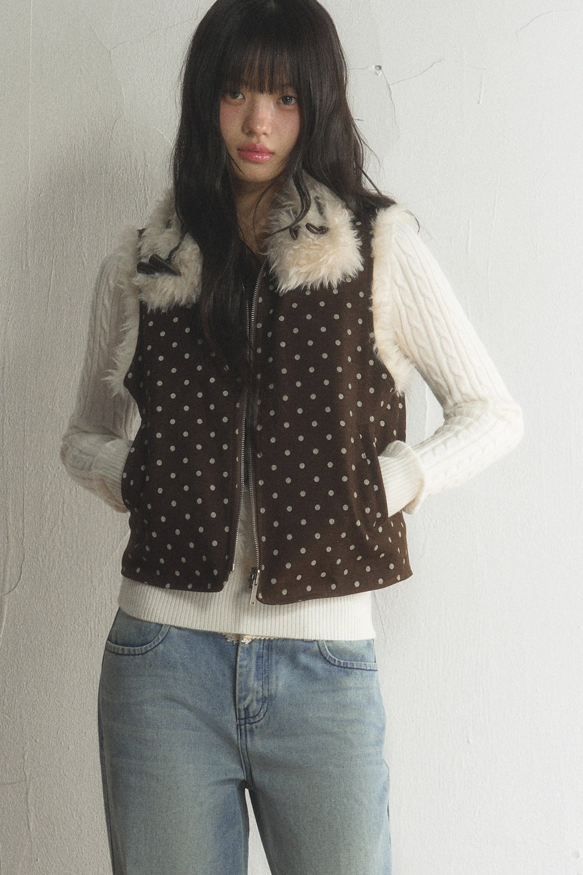 Retro Polka Dot Fur Collar Vest and Pants Set-Up