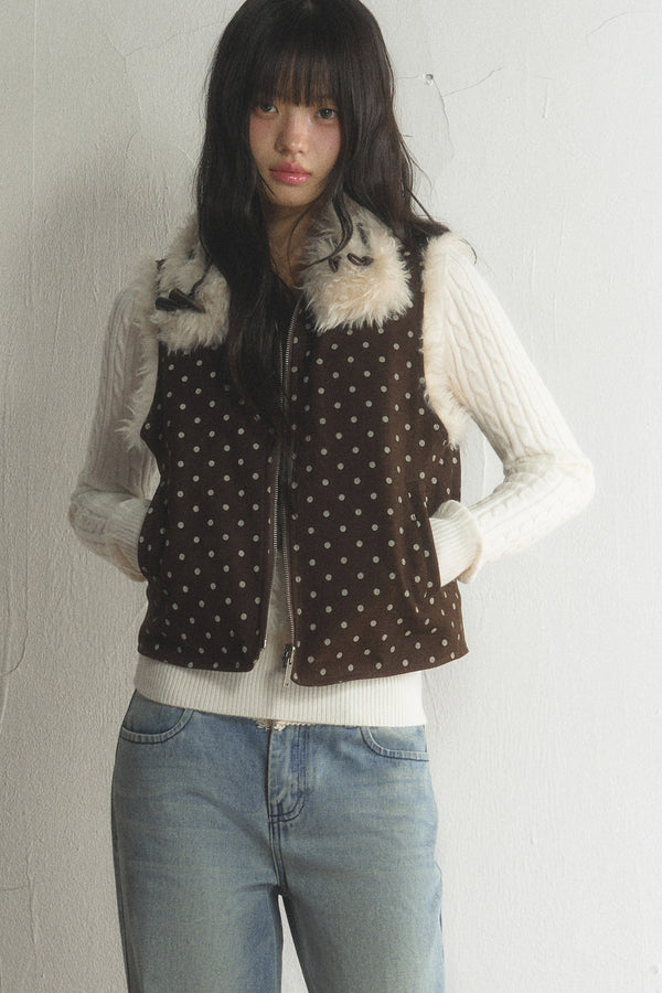 Retro Polka Dot Fur Collar Vest and Pants Set-Up