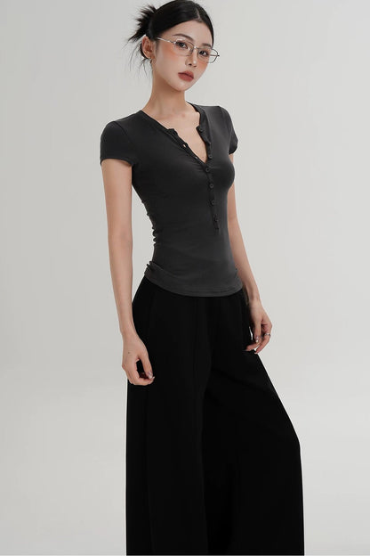 Wool Henley V-Neck Short Sleeve Top
