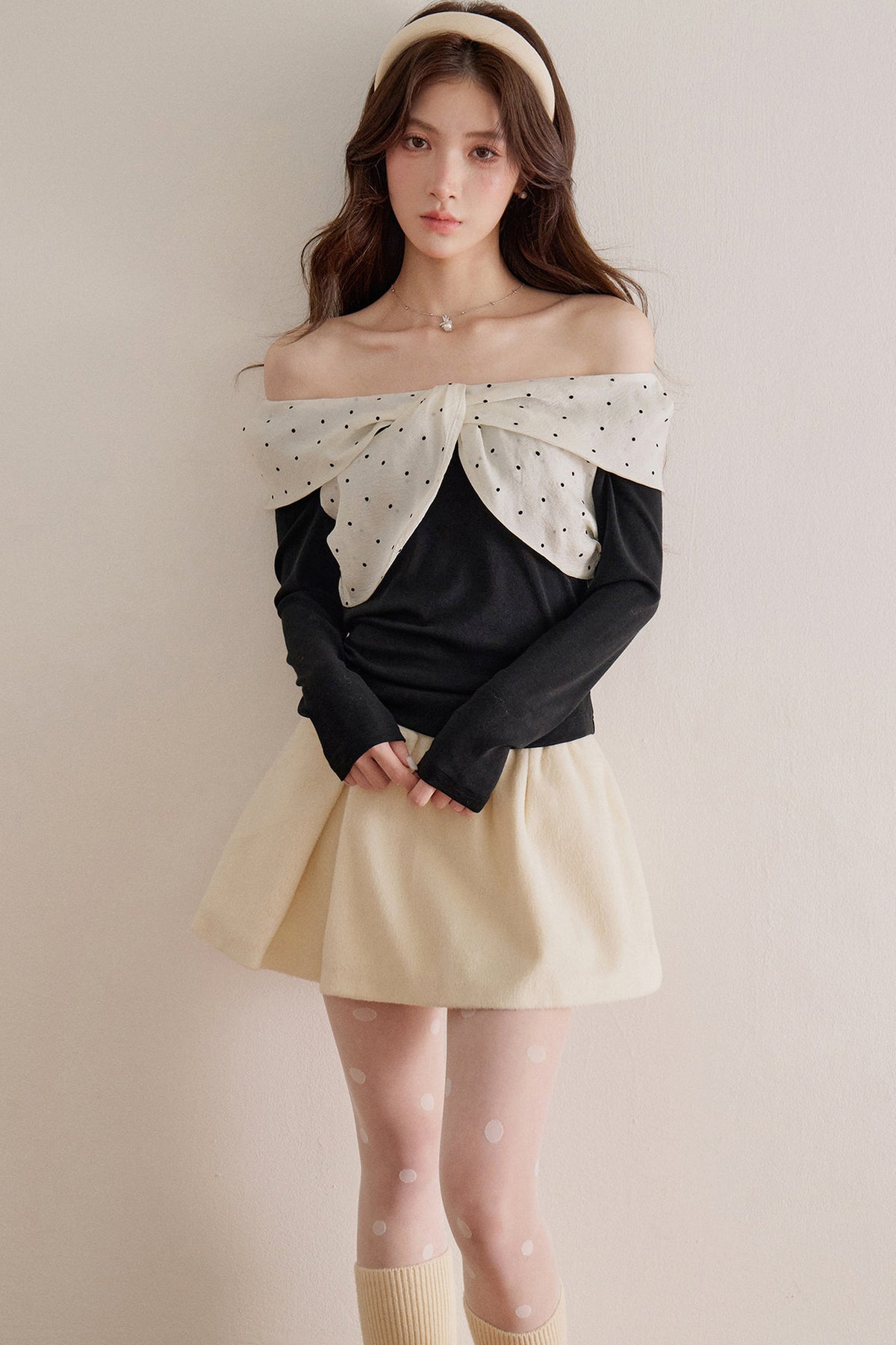 Polka Dot Bow Long-Sleeve Top