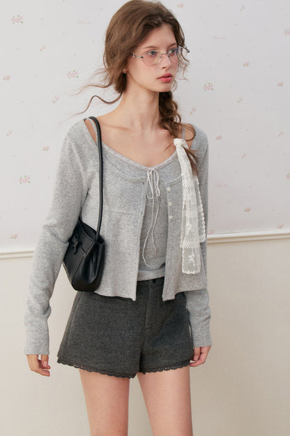 Lace-Up V-Neck Cardigan and Ruffle Hem Vest Set