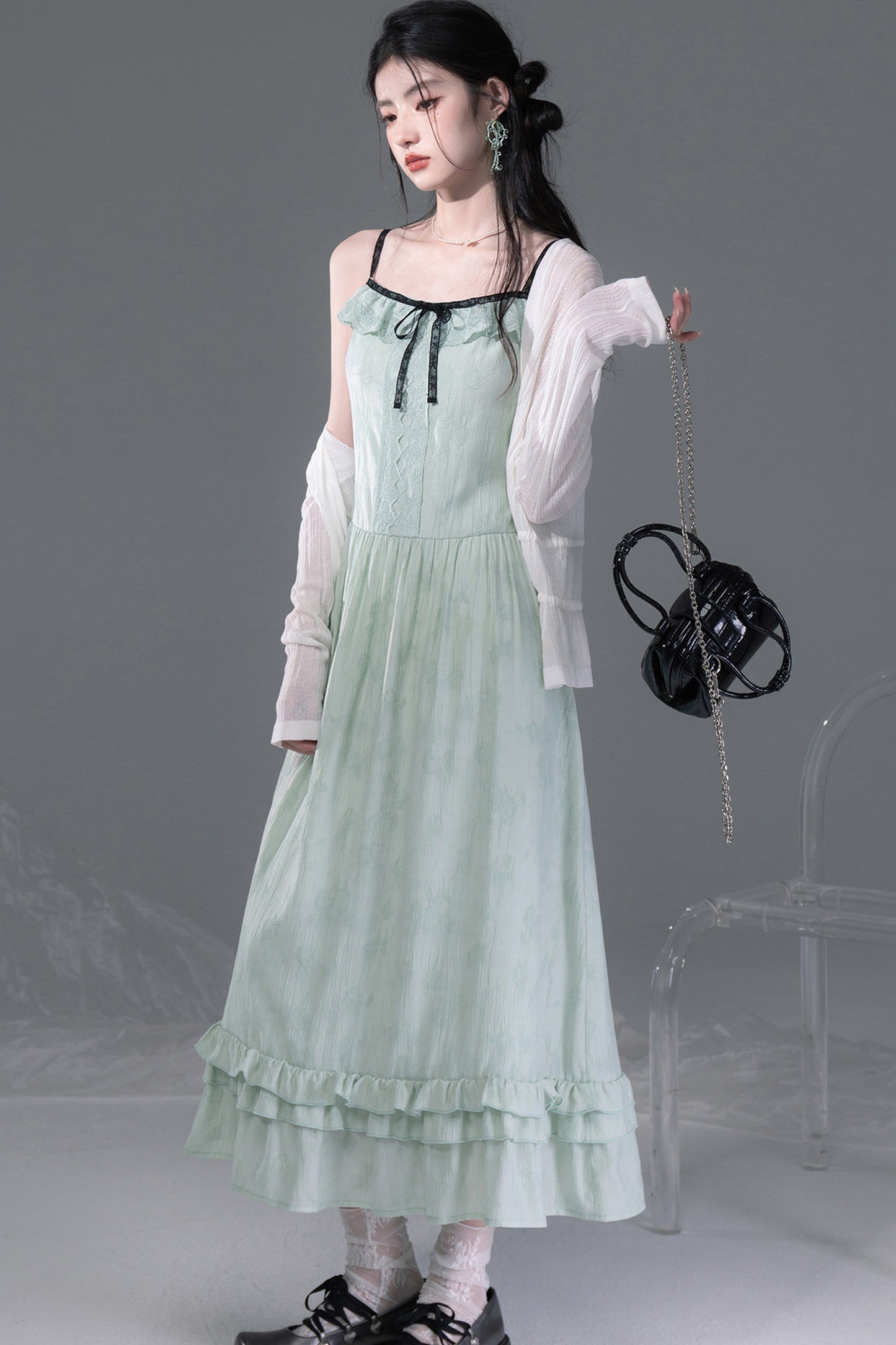 Mint Green Lace Spliced Camisole and Dress Set