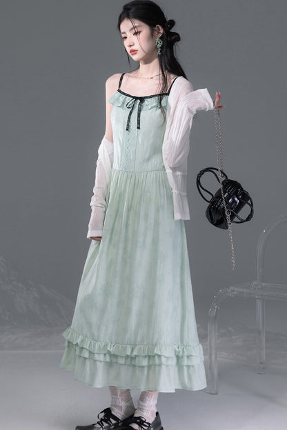Mint Green Lace Spliced Camisole and Dress Set