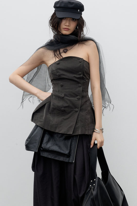 Dark Gray Corset-Style Corner-Waist Tube Top
