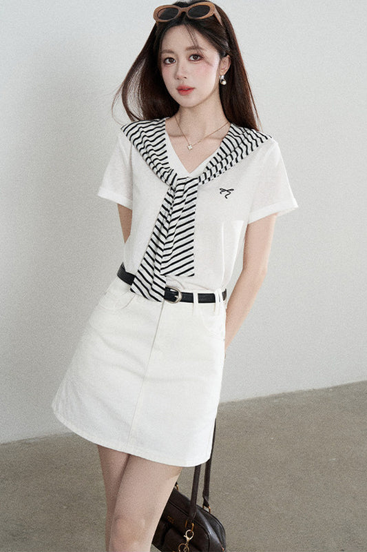 Loose Short-Sleeved Striped Shawl T-Shirt and Denim Skirt Set-Up