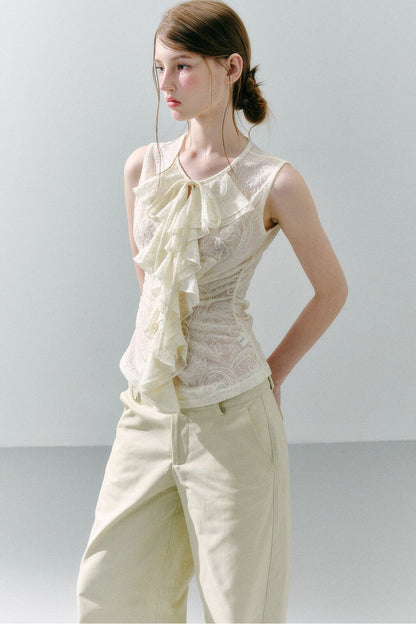 White Peach Wool Lace Ruffle Vest