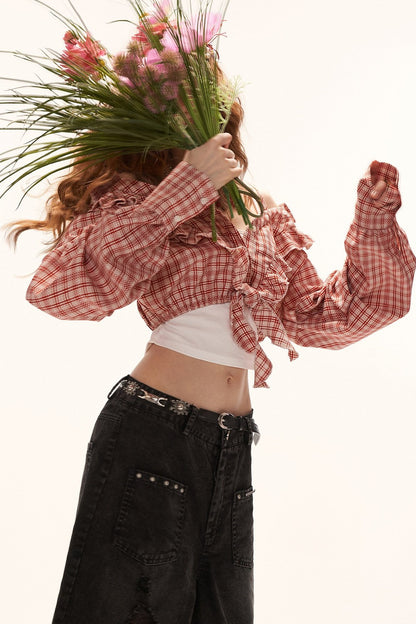 Cropped Plaid Off-Shoulder Blouse