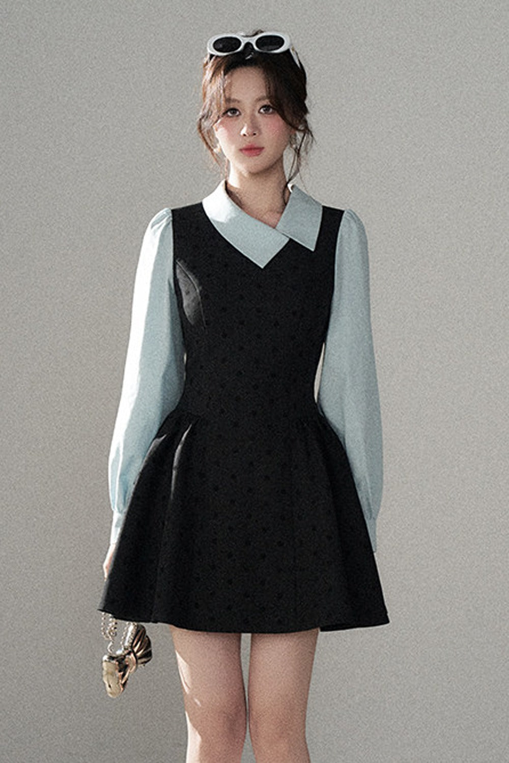 Black Polka Dot Asymmetrical Collar Dress