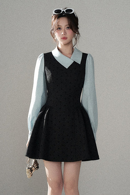Black Polka Dot Asymmetrical Collar Dress