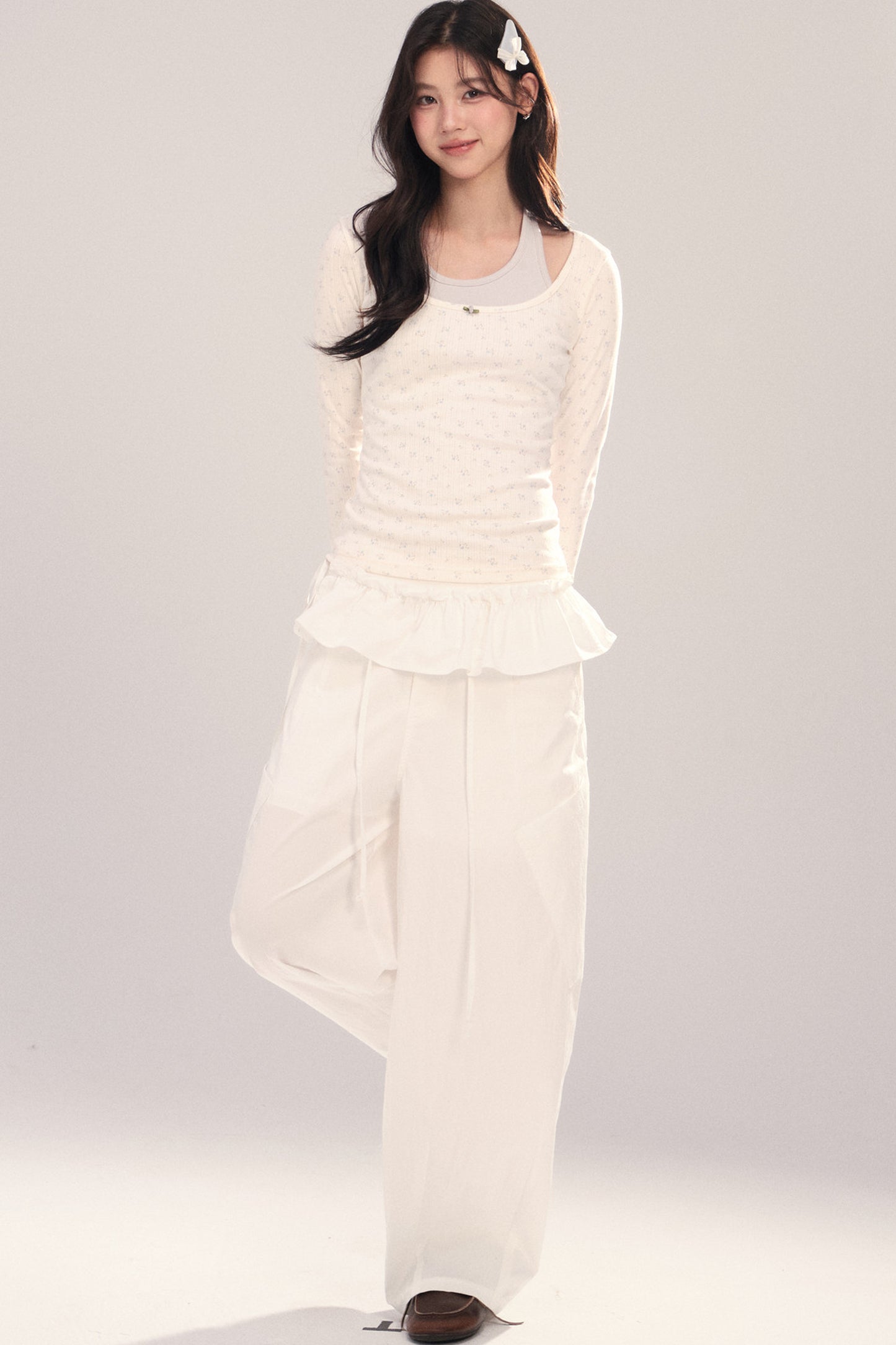 Large U-Neck Floral Long-Sleeve Base T-Shirt Set-Up