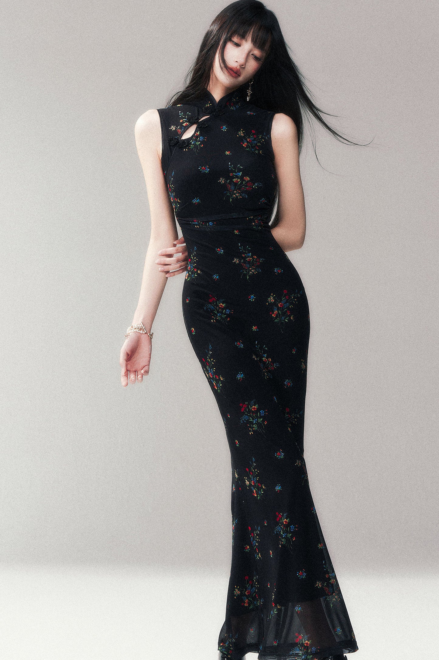 Floral Mesh Cheongsam Long Dress