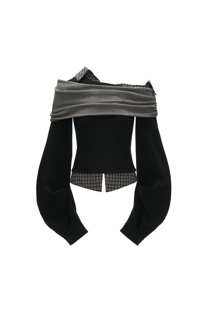 Plaid Patchwork Off-Shoulder Sweatshirt