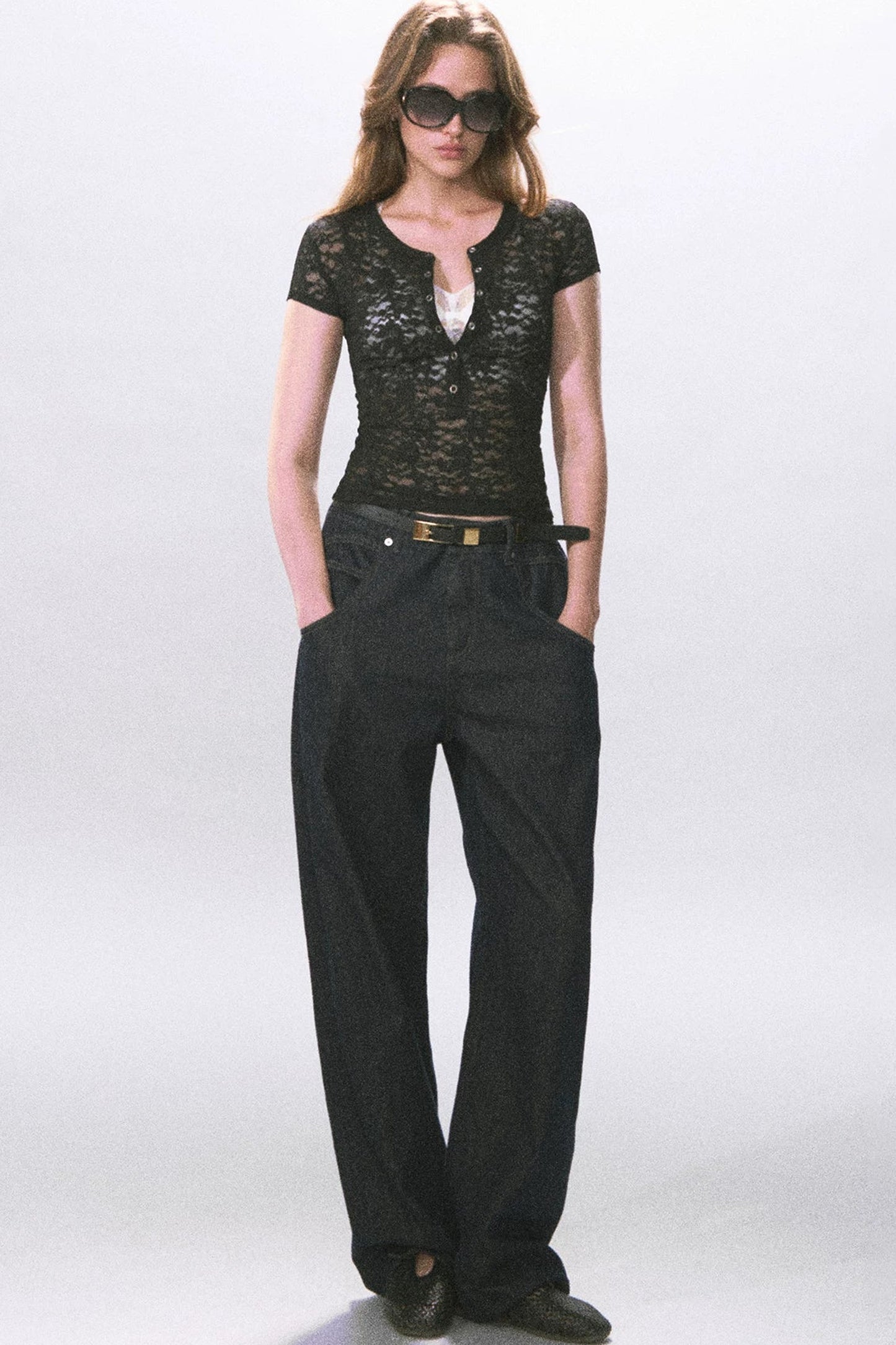 Henry Collar Semi-Sheer Lace T-Shirt