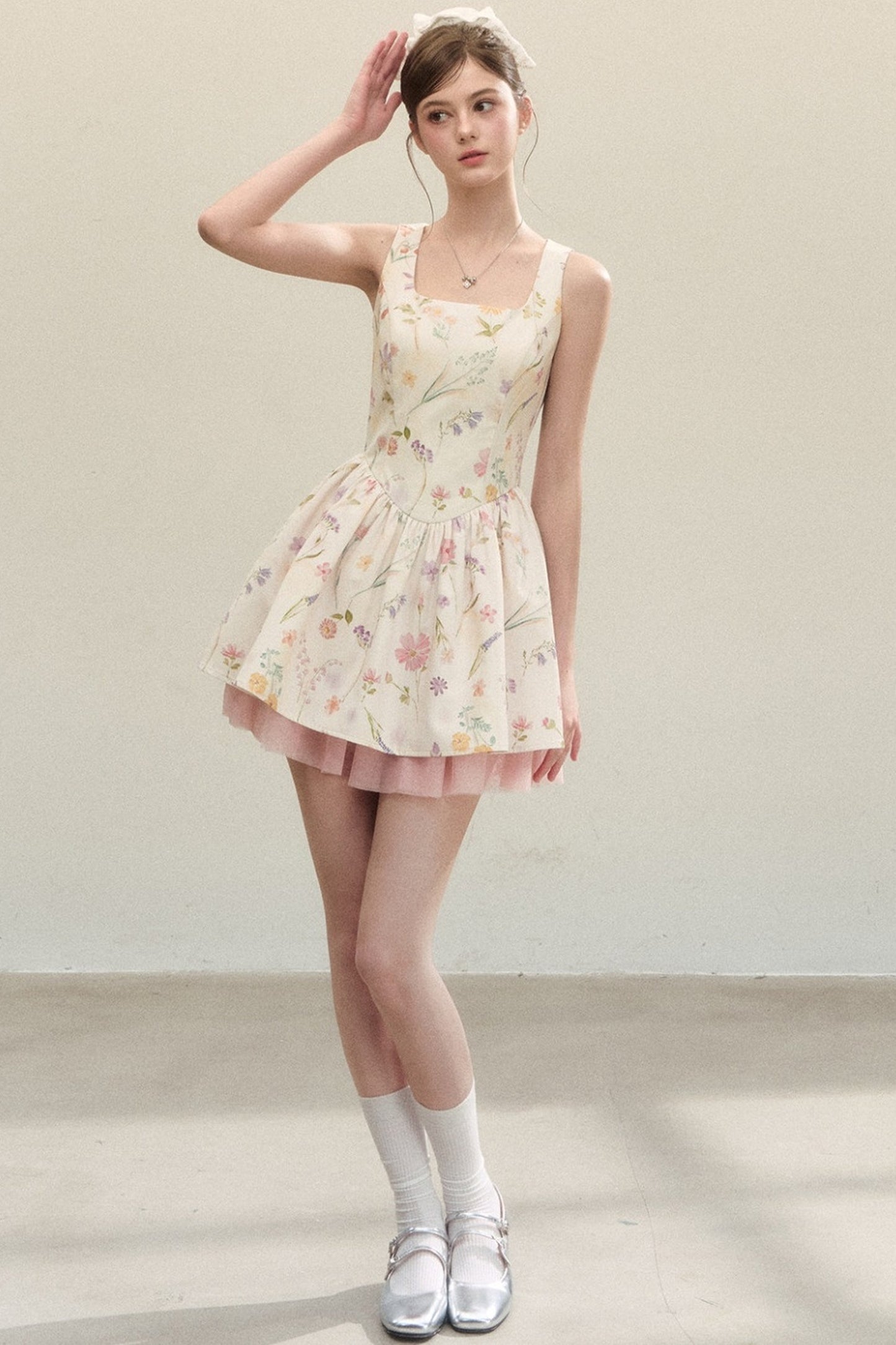 Floral Puffy Suspender Dress