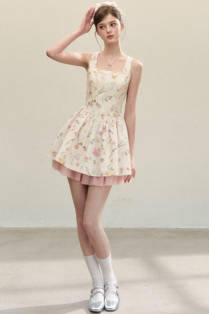 Floral Puffy Suspender Dress
