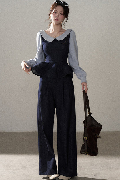 Doll Collar Shirt and Wide-Leg Pants Set-Up