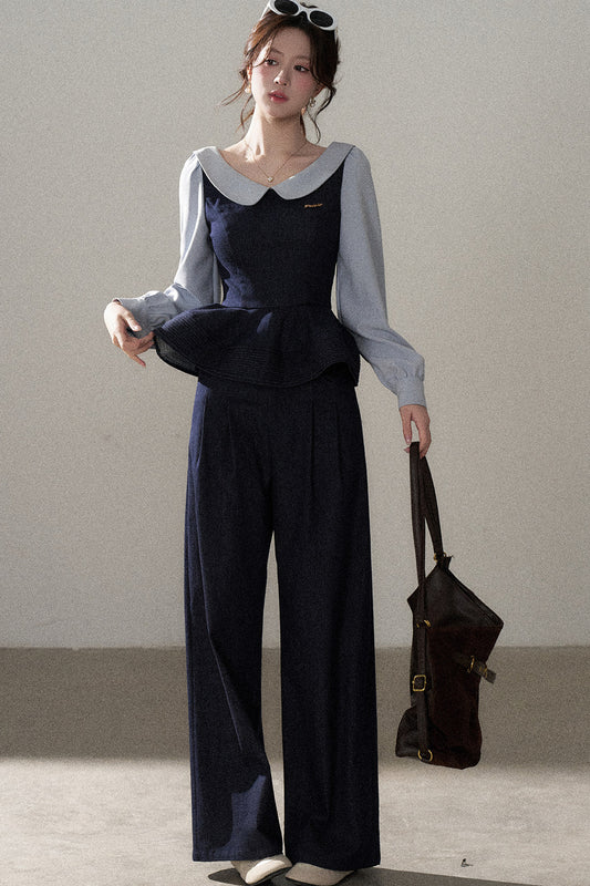 Doll Collar Shirt and Wide-Leg Pants Set-Up