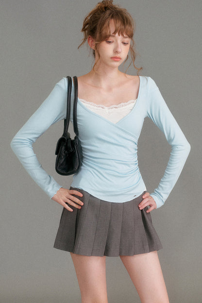 Layered-Look Lace Camisole Cross V-Neck T-Shirt