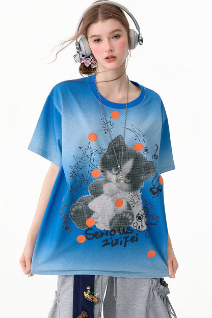 Blue Gradient Cat Print T-Shirt