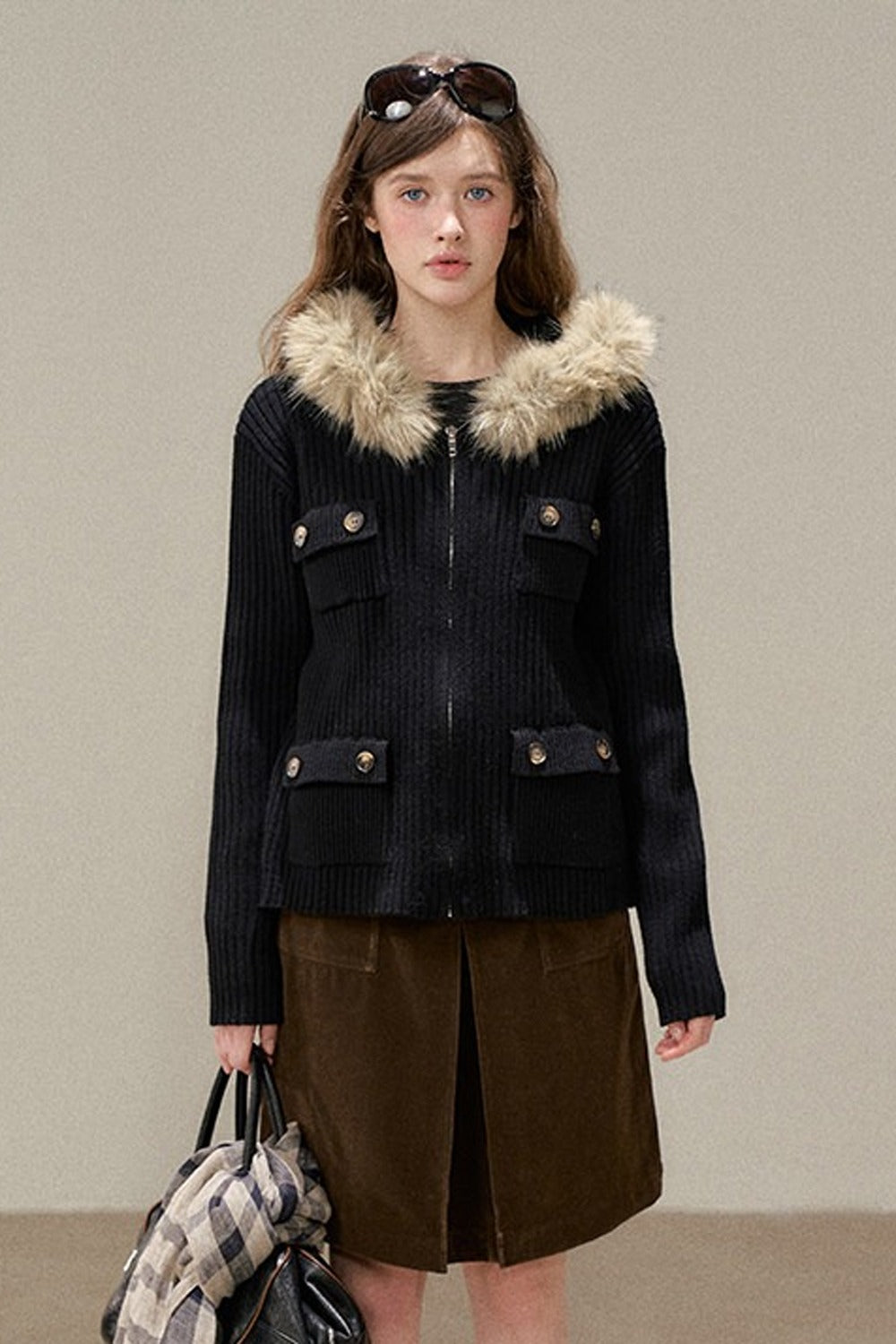 Hooded Ribbed Stripe Knit Cardigan