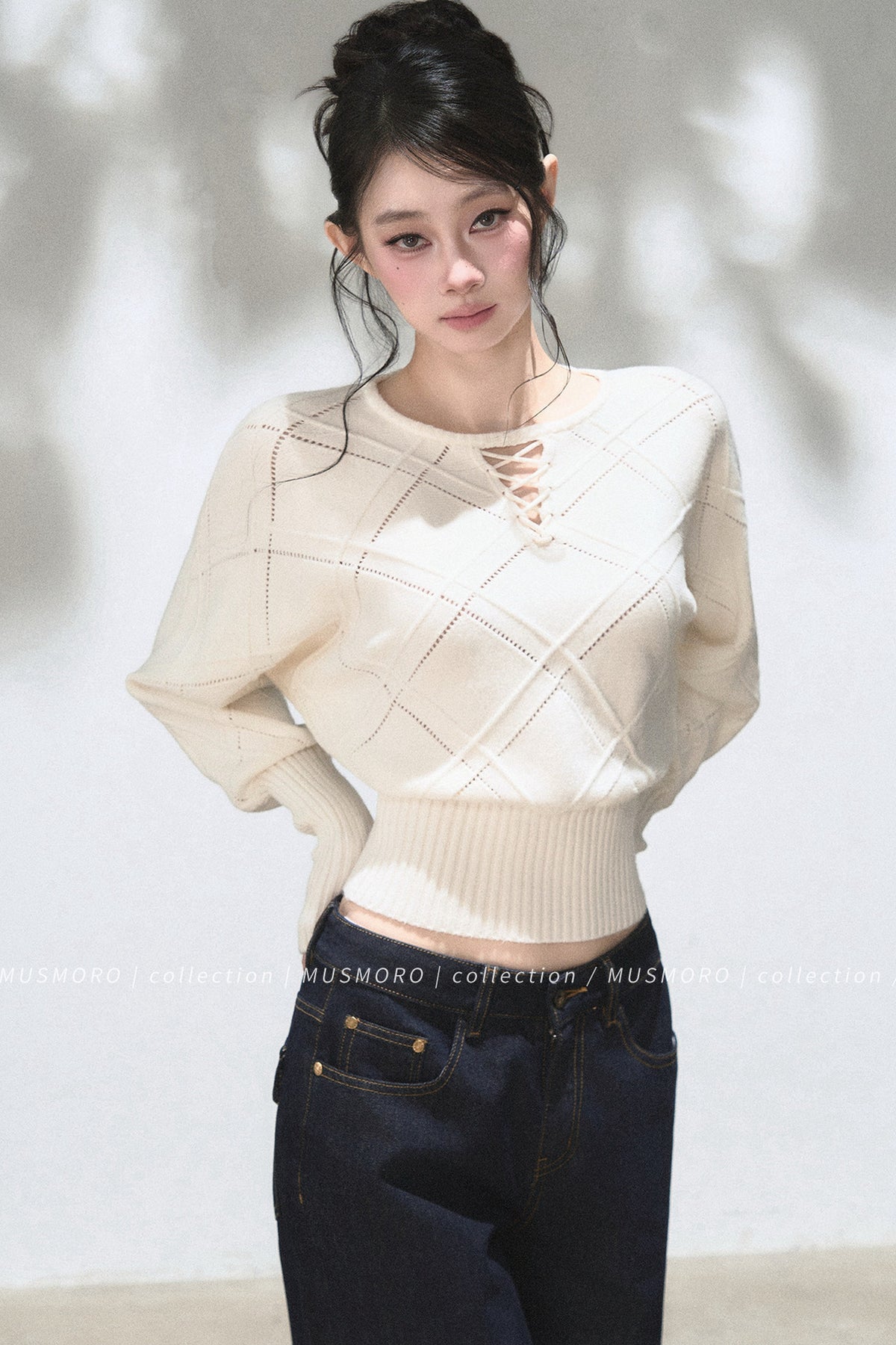 Lace-Up V-Neck Knit Top