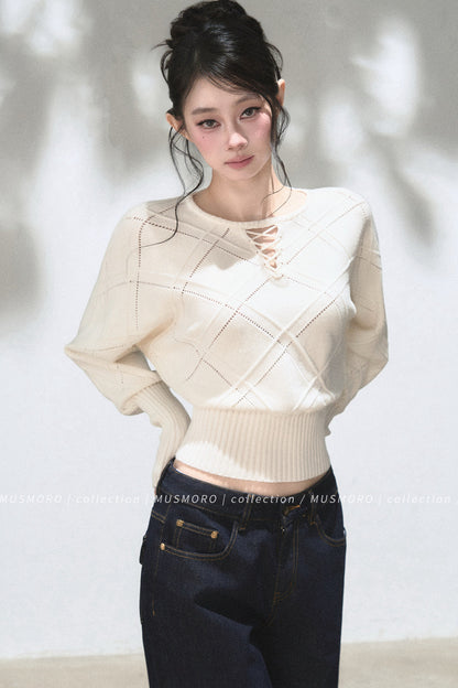 Lace-Up V-Neck Knit Top